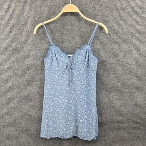American Eagle Women Mini Dress Medium Blue Floral Mesh Overlay Lettuce Hem Baby